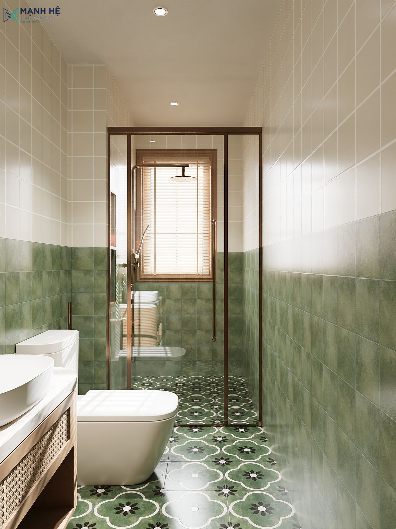 Phòng tắm gạch xanh trắng với vách kính tắm đứng để ngăn khu vực khô - ướt