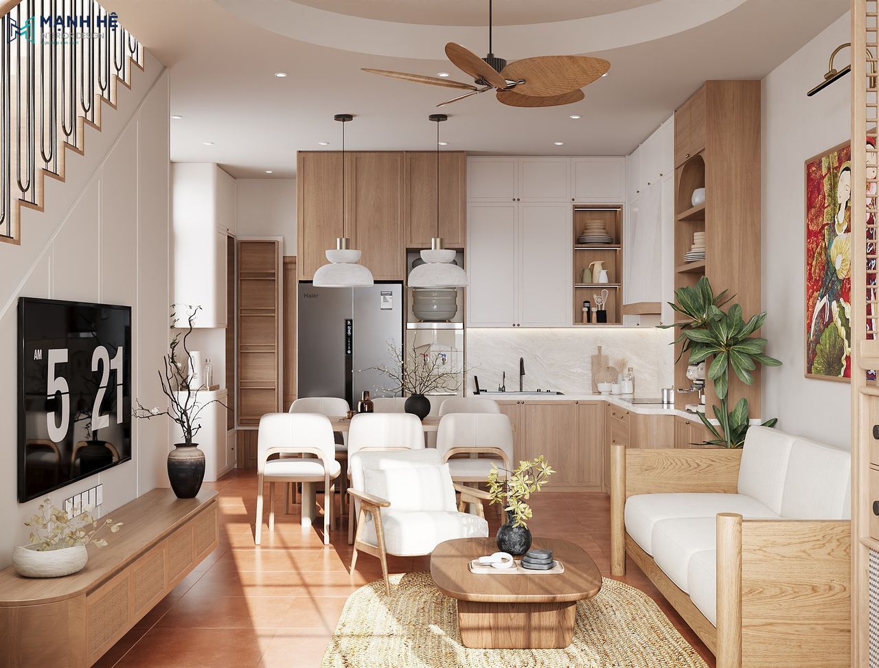 Phòng khách phong cách mộc mạc với sofa gỗ sồi, bàn trà oval và thảm sợi đay ấm áp.