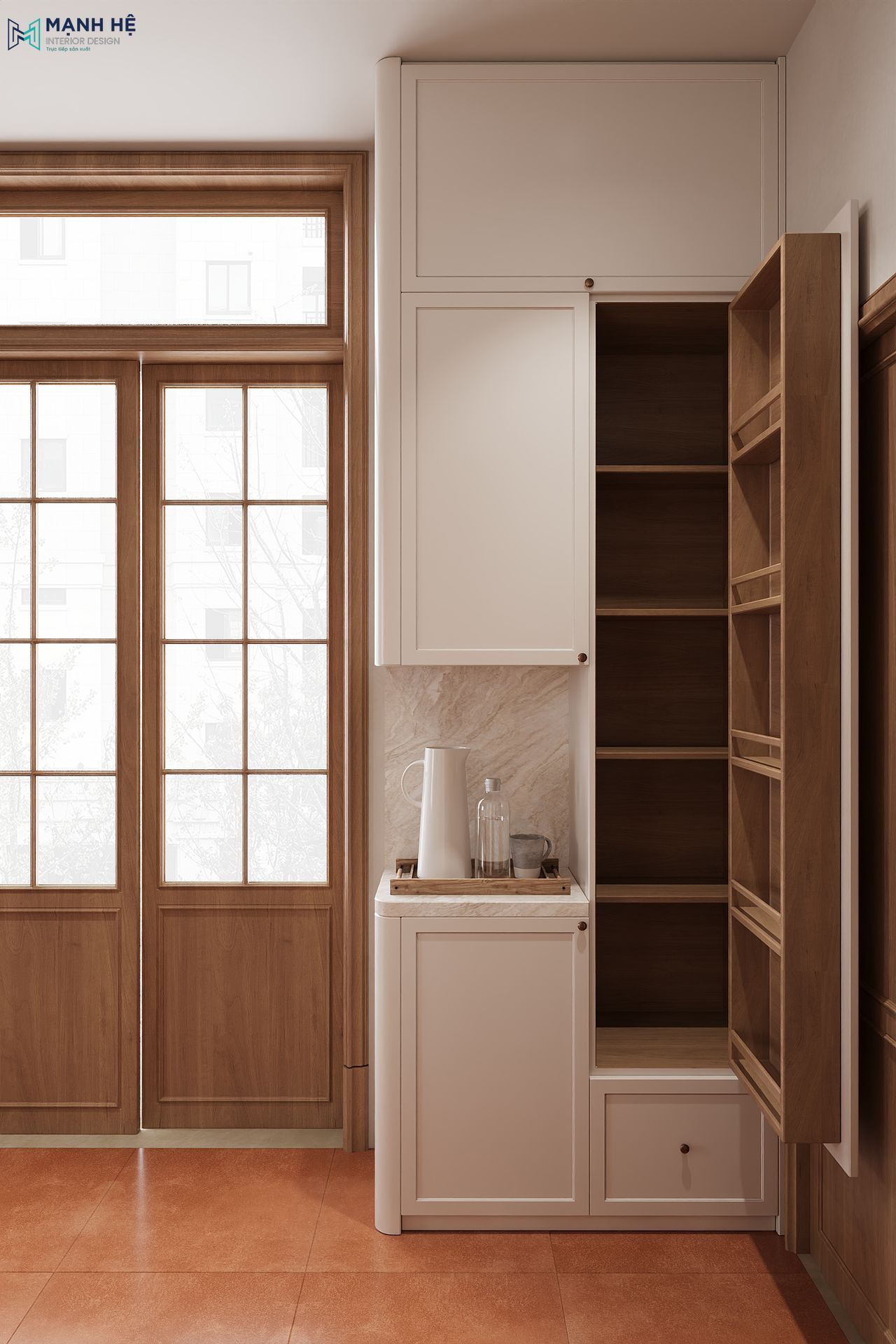 Tủ kho thiết kế kịch trần cạnh cửa, kệ mini mặt đá để pha chế trong không gian bếp