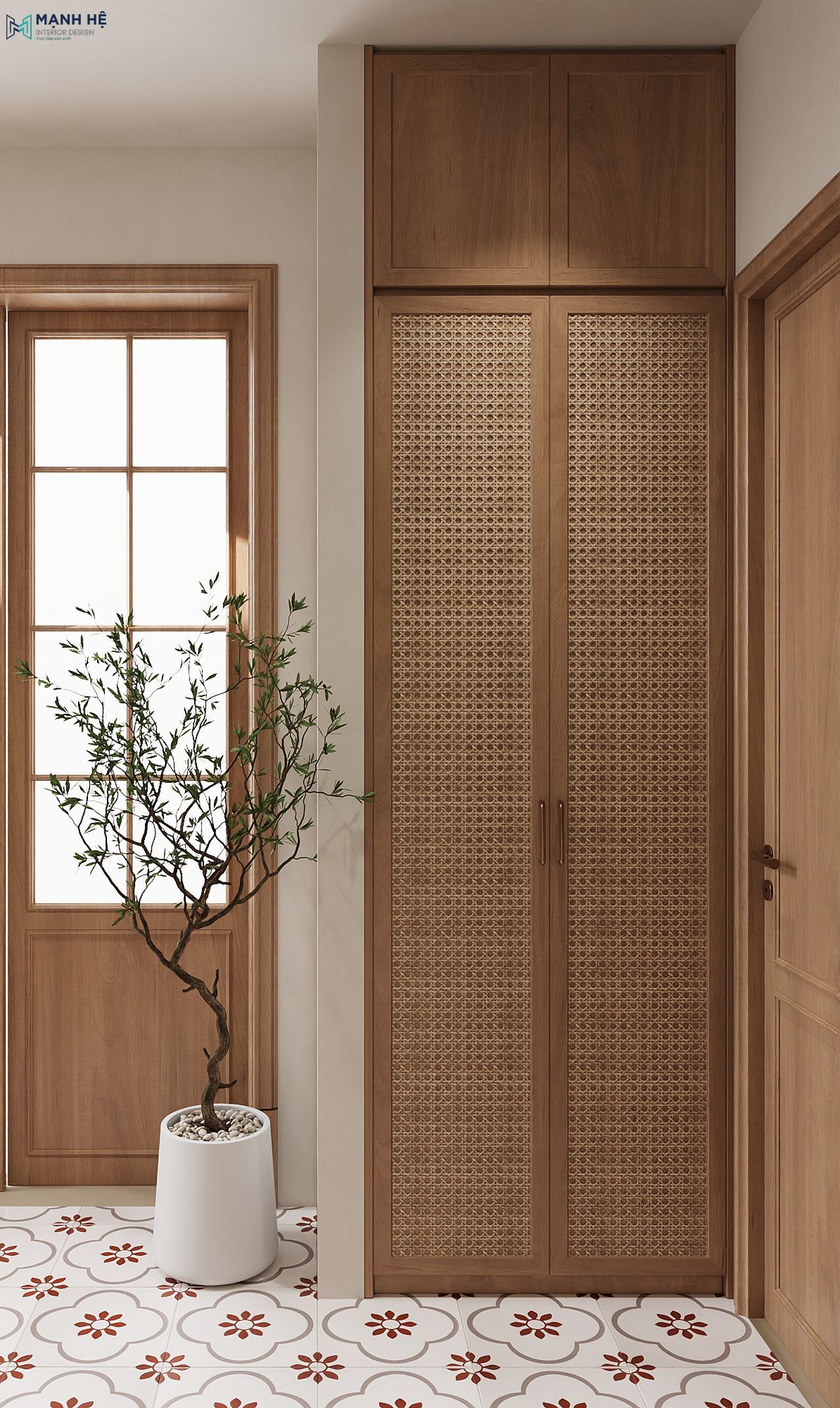 Tủ gỗ mây đan đặt ở hành lang tăng công năng lưu trữ kết hợp lát gạch bông đỏ truyền thống