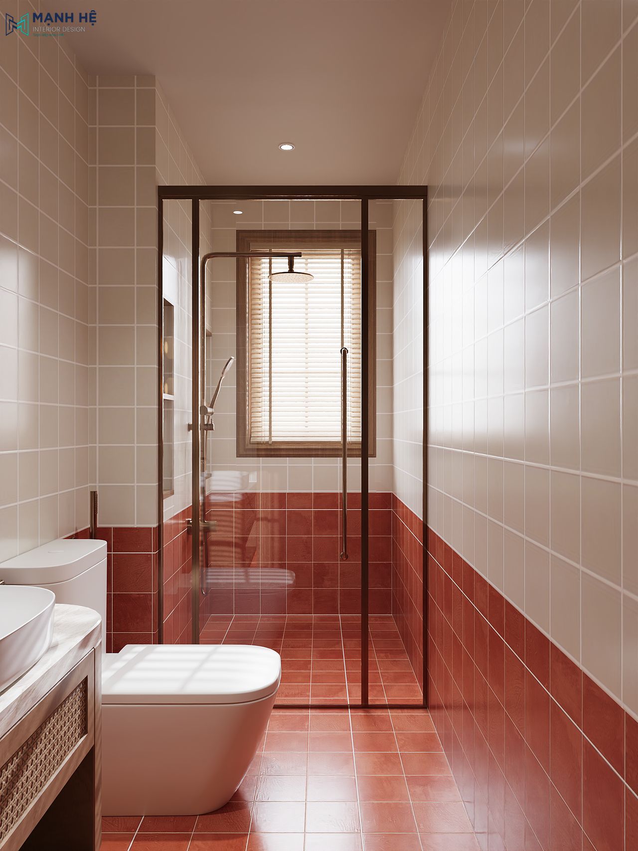 Phòng tắm nhà phố ốp gạch đỏ trắng, vách kính ngăn khu khô và ướt.