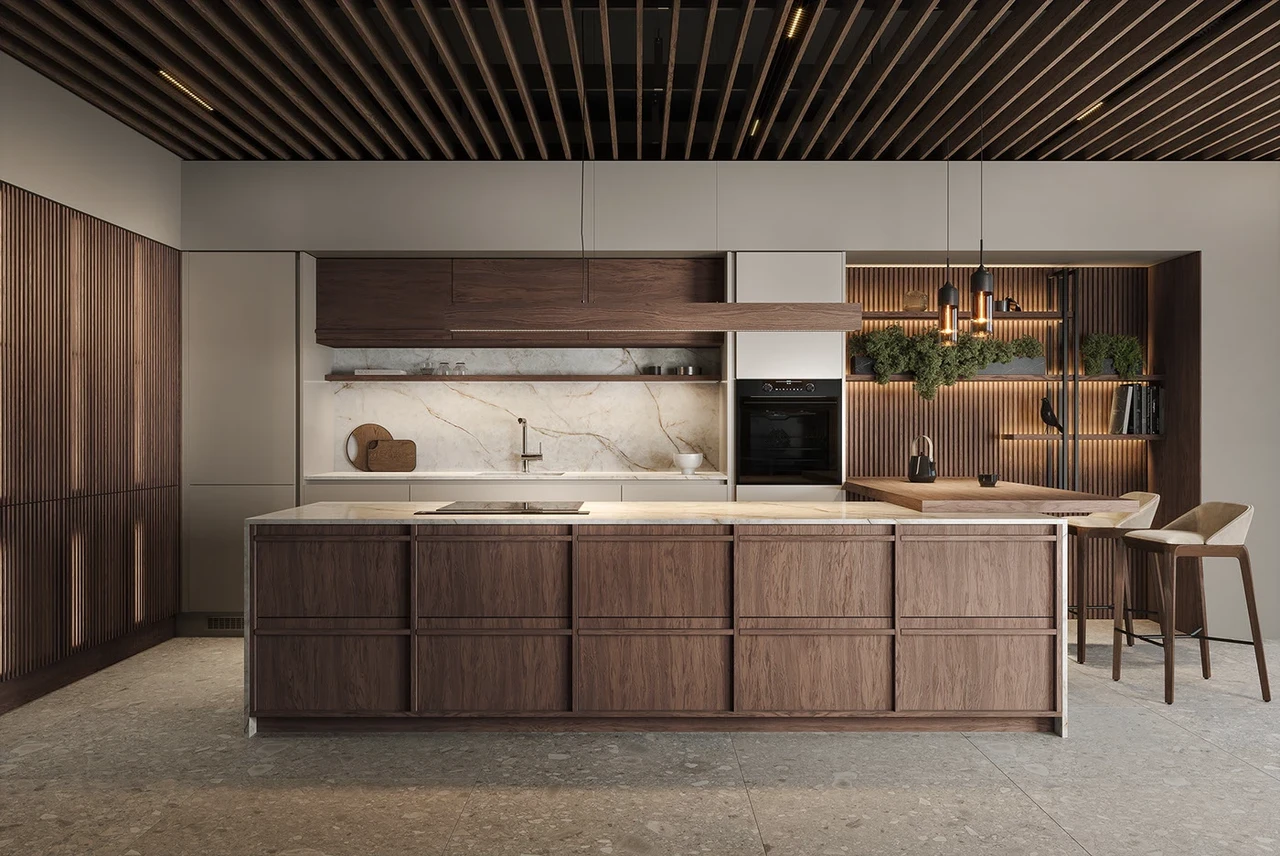 Phòng bếp nhà phố được thiết kế theo phong cách Japandi có đảo bếp gỗ kết hợp mặt đá, tủ âm tường tối giản và ánh sáng nhẹ nhàng