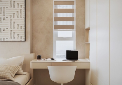 Góc làm việc trong phòng ngủ master được thiết kế bàn treo tường cạnh cửa sổ, để mang lại sự tập trung và hiệu quả