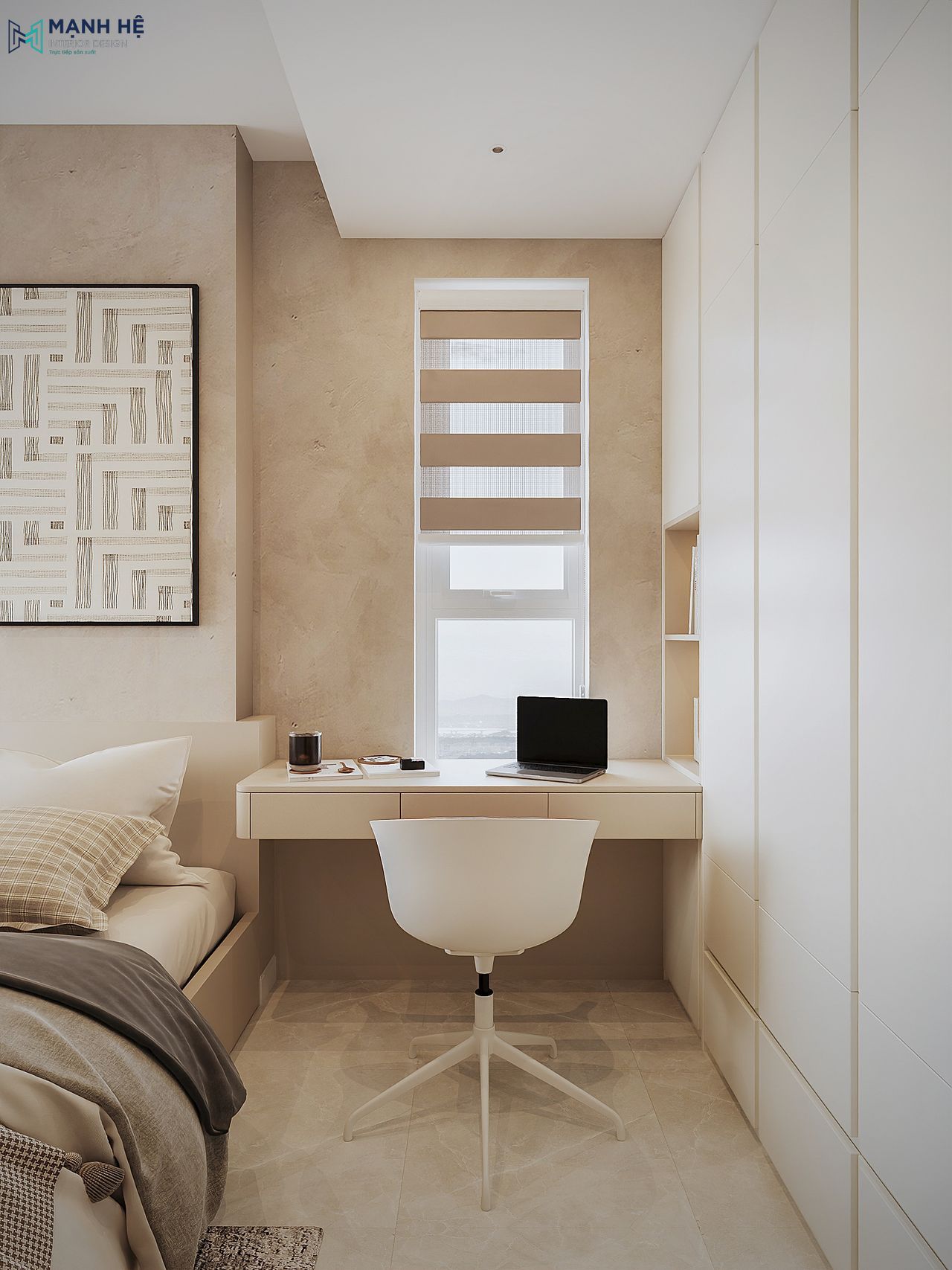 Góc làm việc trong phòng ngủ master được thiết kế bàn treo tường cạnh cửa sổ, để mang lại sự tập trung và hiệu quả
