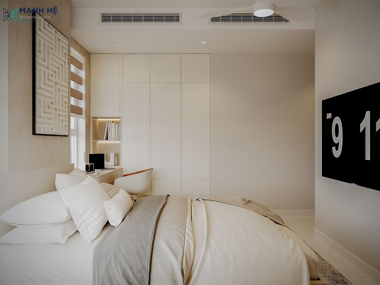 Thiết kế phòng ngủ master hiện đại với tủ quần áo cao kịch trần, bàn làm việc đặt cạnh cửa sổ, vừa tiện nghi vừa tiết kiệm không gian