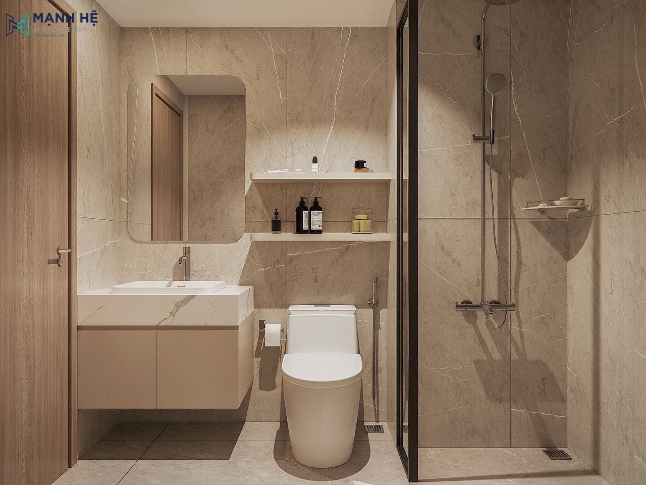 Thiết kế nhà vệ sinh với gạch ốp vân mây cao cấp, lavabo treo tường, buồng tắm kính mang lại không gian tiện nghi, tinh tế