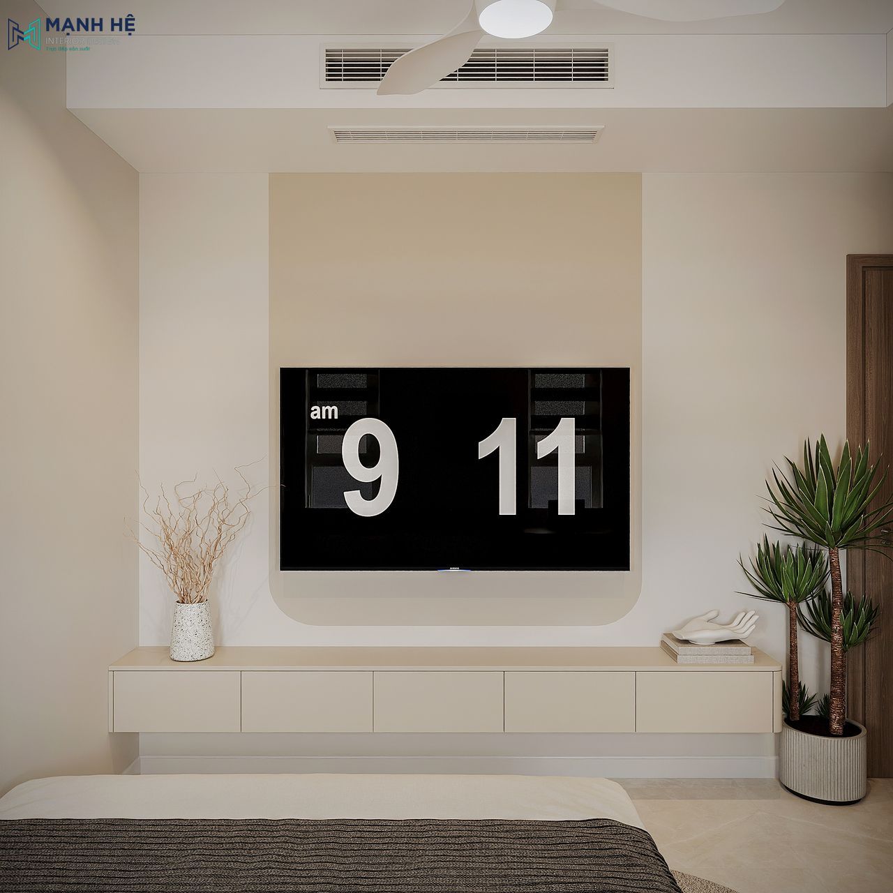 Phòng ngủ 02 với mảng tường phối hai tông màu hiện đại, kệ tivi treo gọn gàng kết hợp decor tối giản.