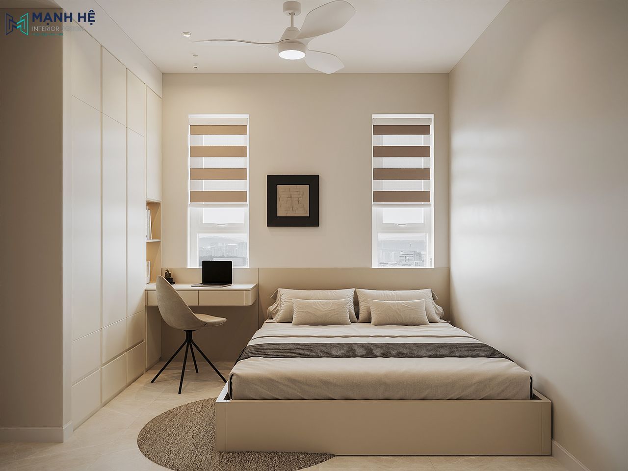 Phòng ngủ 02 với giường ngủ gọn gàng, đặt cạnh cửa sổ rộng cùng rèm cuốn, mang lại ánh sáng tự nhiên và sự thông thoáng cho không gian