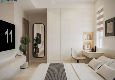 Hệ tủ quần áo kịch trần trong phòng ngủ 02, đồng bộ màu sắc giúp gia tăng khả năng lưu trữ và duy trì sự gọn gàng.