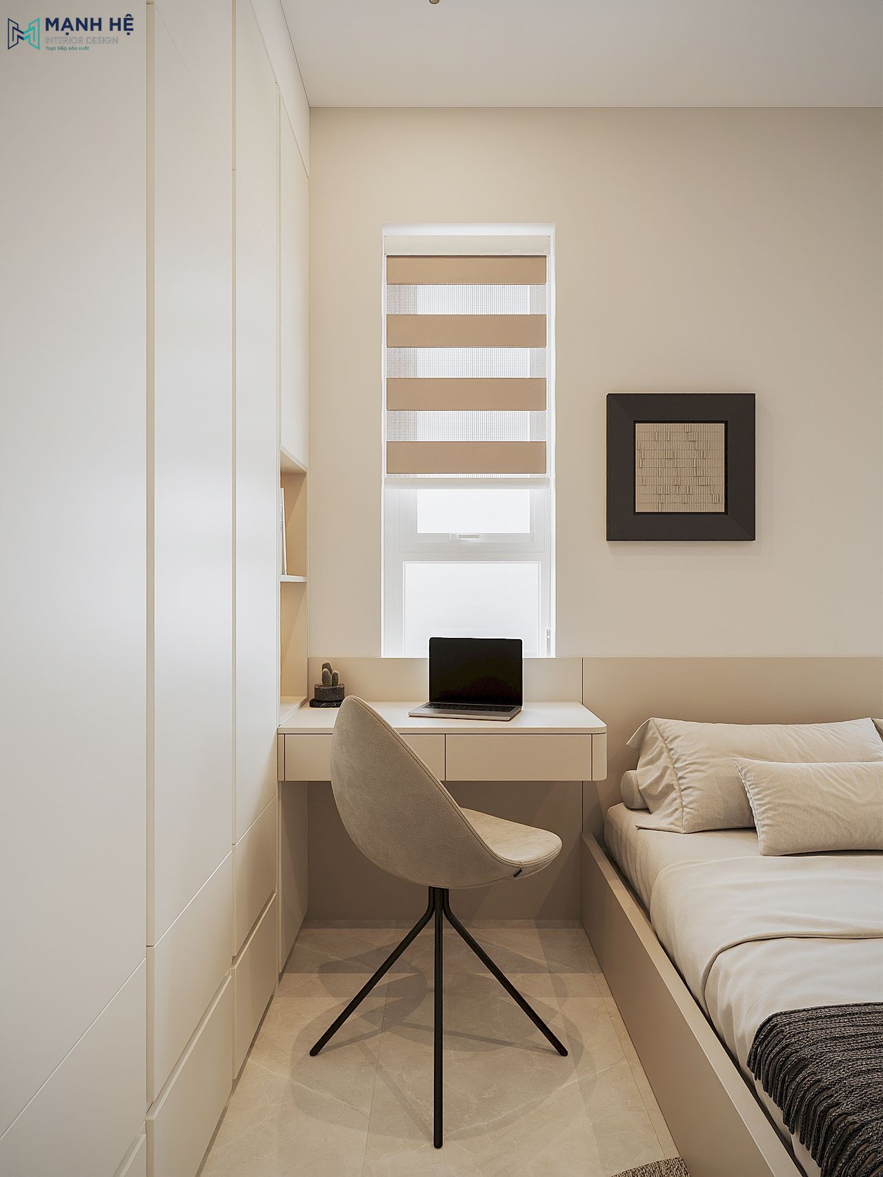 Thiết kế bàn học nhỏ gọn đặt cạnh cửa sổ trong phòng ngủ 02, mang đến không gian học tập và làm việc tiện nghi, thoải mái.