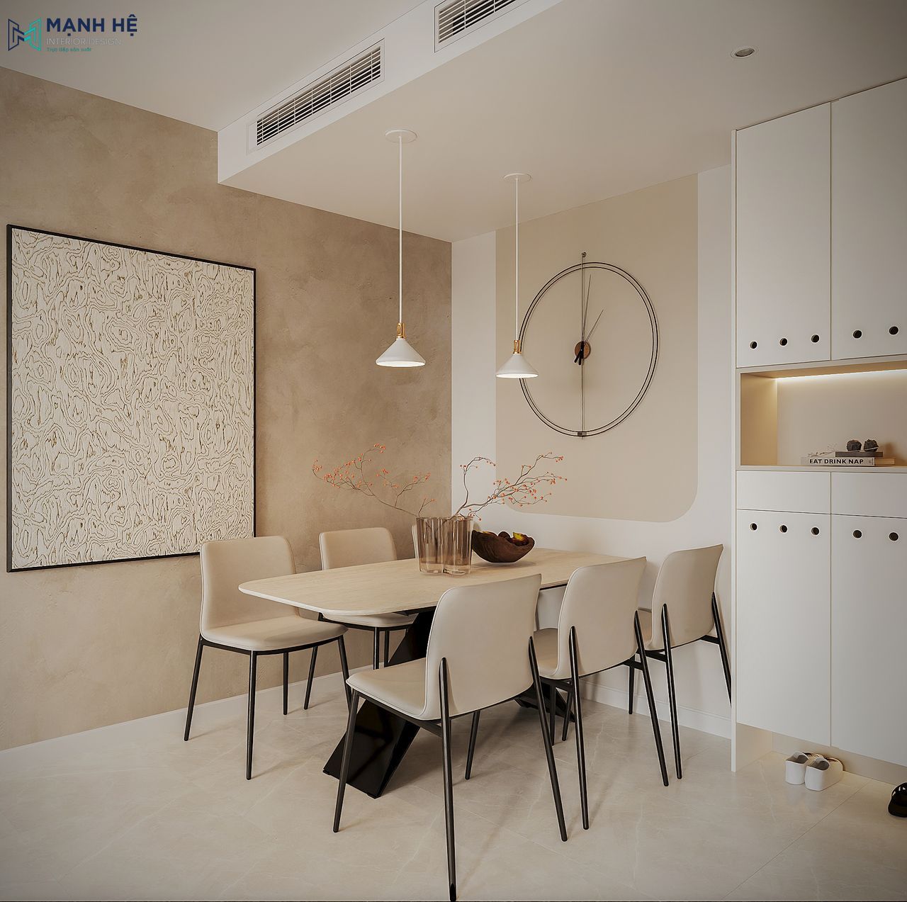 Khu vực bàn ăn hiện đại với bộ bàn 6 ghế, phối màu be – đen sang trọng, đặt cạnh mảng tường trang trí đồng bộ với phòng khách.