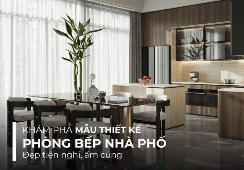 Thiết kế phòng bếp nhà phố phong cách hiện đại kết hợp bàn đảo và ánh sáng tự nhiên