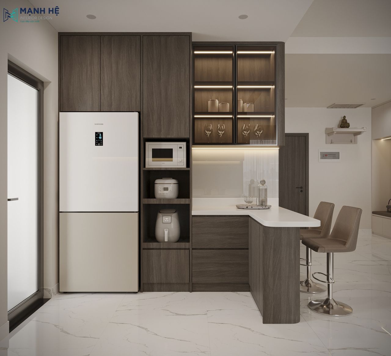 Thiết kế hệ tủ lưu trữ dụng cụ bếp liền mạch với quầy bar mini với bề mặt ốp đá sáng