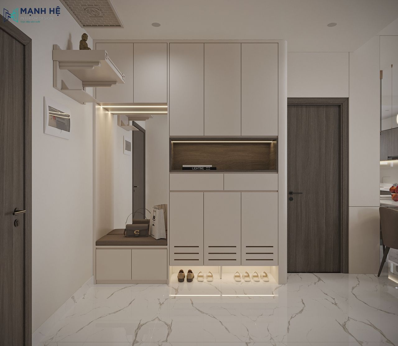 Kệ giày được thiết kế kịch trần với gam màu trắng thanh lịch tích hợp bục ngồi tạo nên sự thuận tiện cho gia chủ
