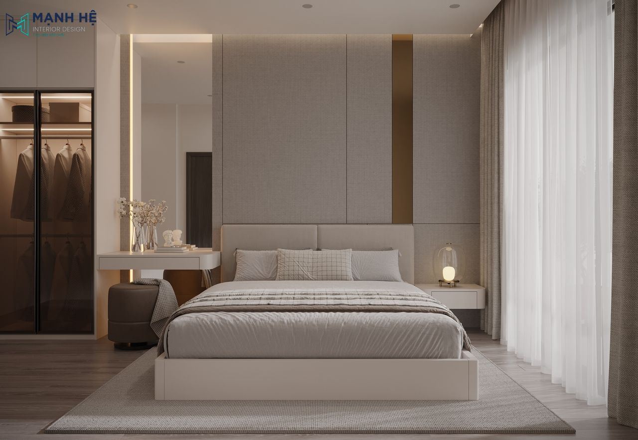Bàn trang điểm được thiết kế treo tường tích hợp gương lớn sử dụng gam màu trắng đồng bô