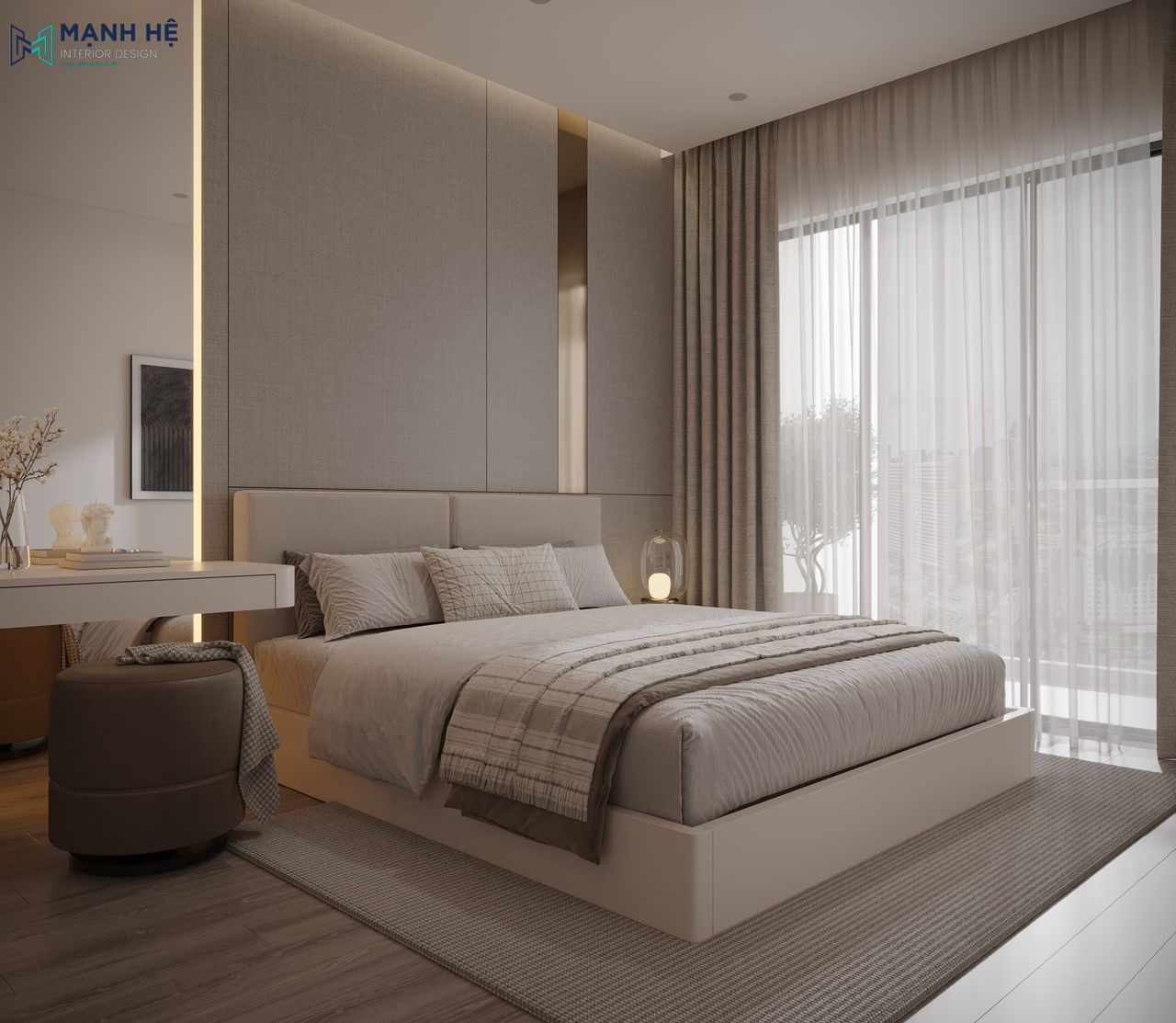 Tổng quan không gian phòng ngủ cho ông bà sử dụng tông màu ấm chủ đạo kết hợp ánh sáng tự nhiên từ cửa kính lớn tích hợp hệ rèm 2 lớp