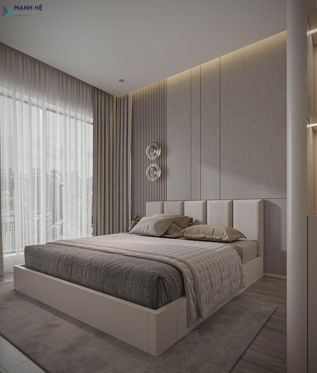 Giường ngủ được thiết kế ngay bên cạnh cửa kính lớn giúp tận dụng tối đa ánh sáng tự nhiên và ánh sáng từ hệ đèn led âm trần