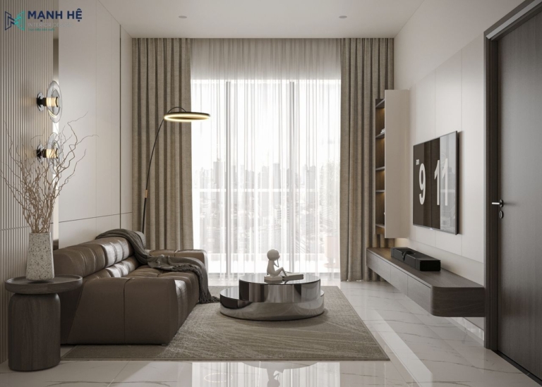 Tổng quan phòng khách tràn ngập ánh sáng tự nhiên nhờ hệ cửa kính lớn tích hợp hệ rèm 2 lớp