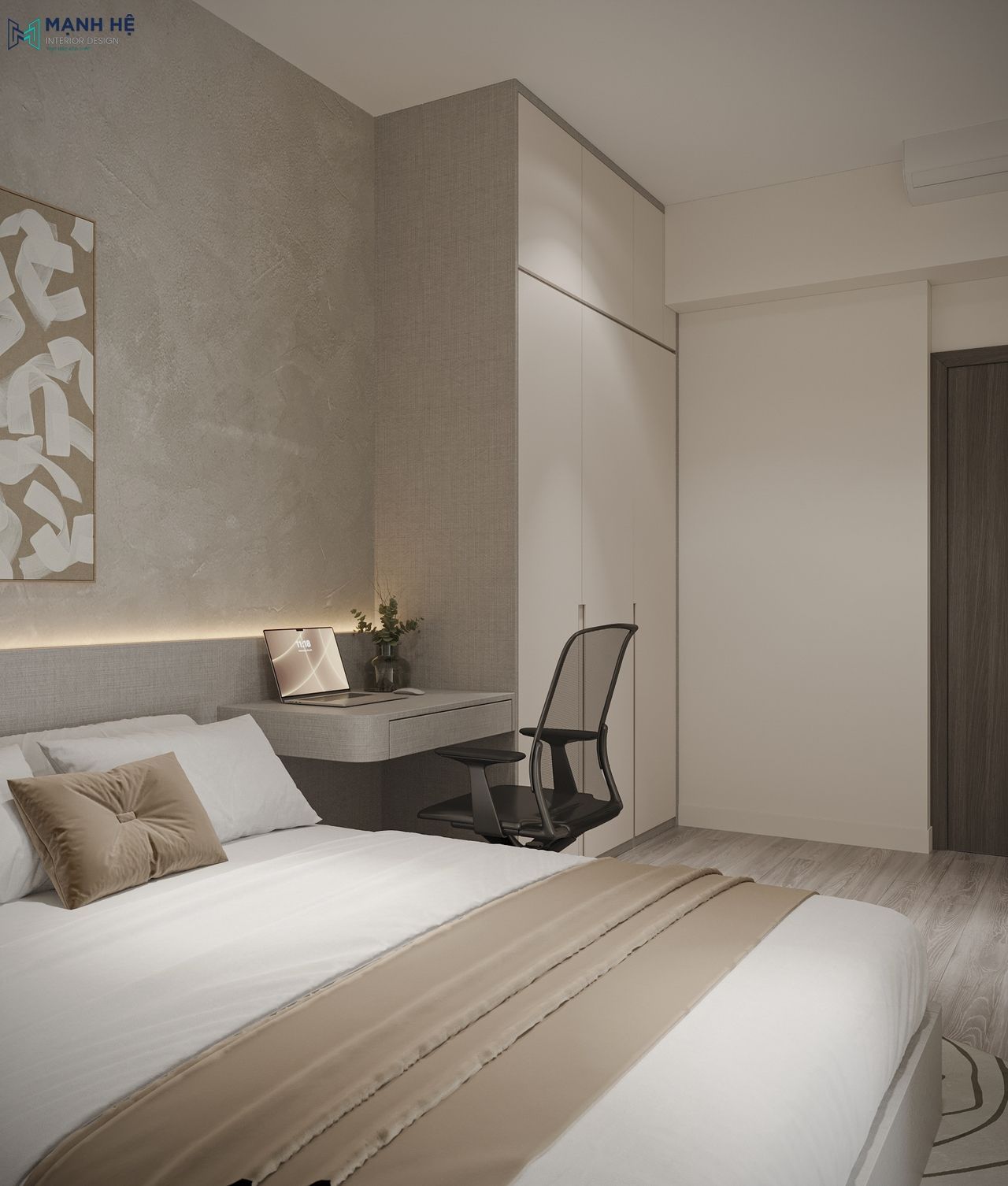 Thiết kế bàn học treo tường liền với vách đầu giường tạo nên tổng thể thống nhất cho phòng ngủ