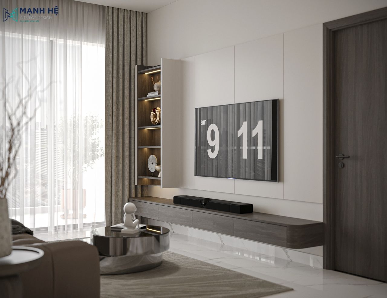 Thiết kế kệ tivi treo tường với gam màu đồng bộ với tổng thể tạo nên sự đồng nhất kết hợp vách ốp sau tivi màu be nhẹ nhàng
