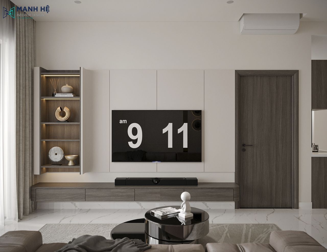 Hệ kệ tivi được thiết kế liền với kệ trang trí tích hợp đèn led với gam màu nâu nổi bật