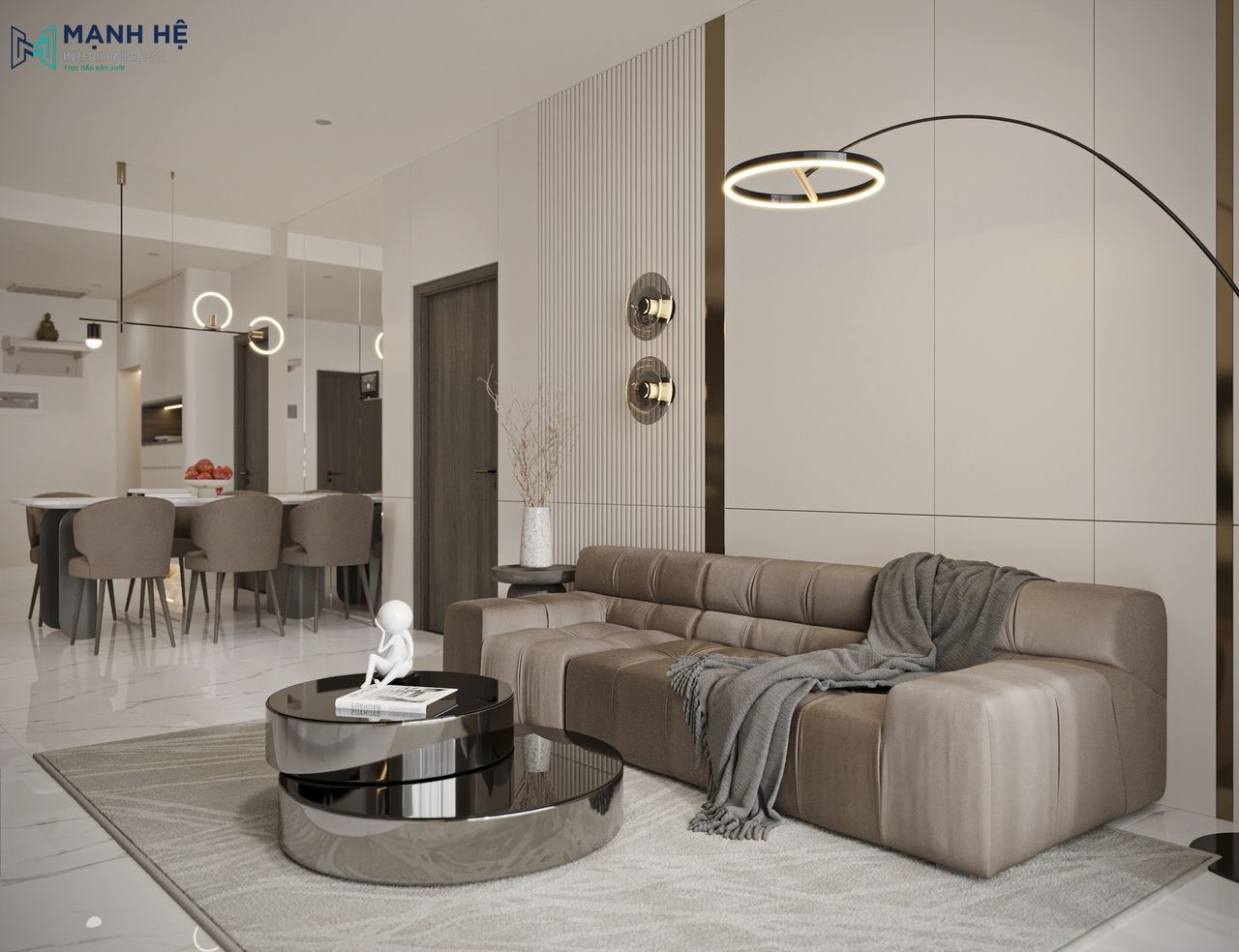 Không gian phòng khách hiện đại nổi bật với vách ốp sau sofa thiết kế độc đáo kết hợp hệ đèn led
