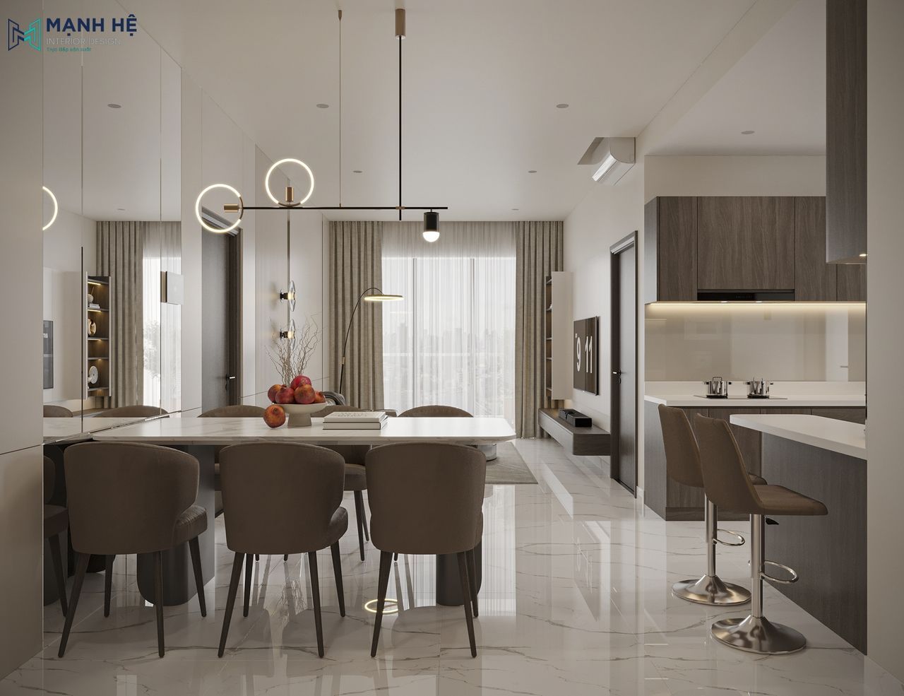 Tổng quan không gian sinh hoạt tại căn hộ được thiết kế với gam màu nâu phối be đồng nhất kết hợp hệ đèn led ánh vàng ấm áp