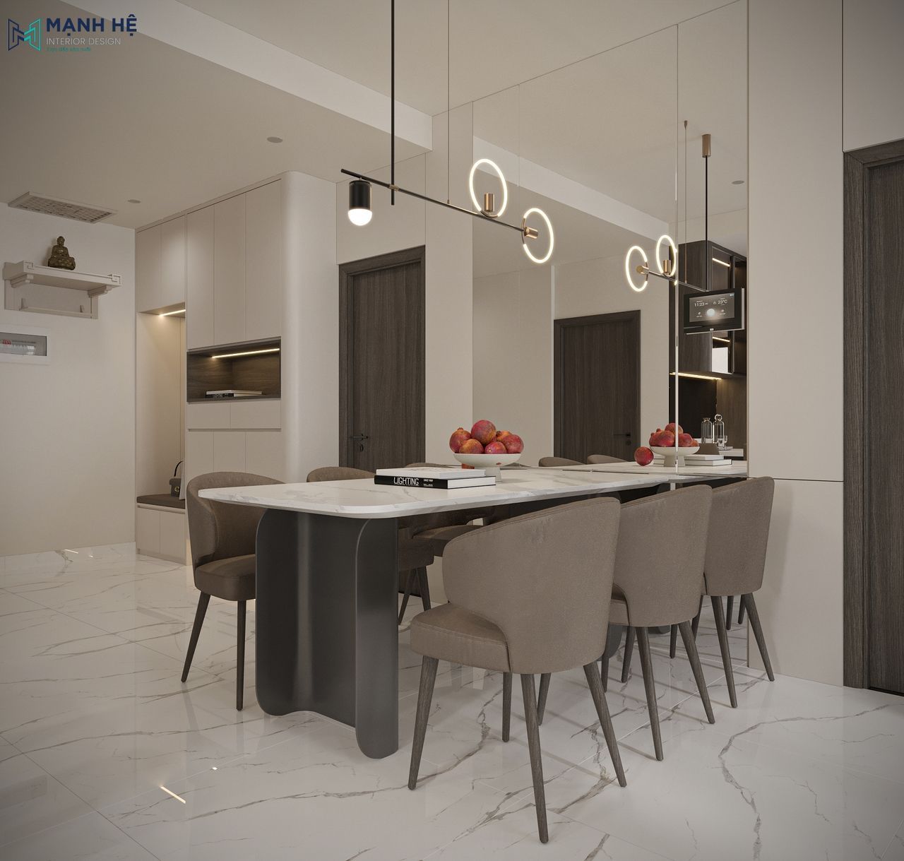 Bàn ăn với 6 chổ ngồi hiện đại với thiết kế mặt đá vân mây giúp tạo điểm nhấn cho không gian