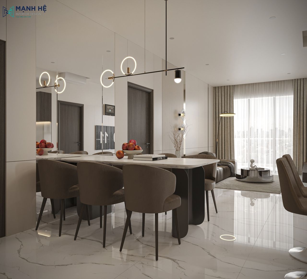 Thiết kế gương ốp tường ngay bàn ăn kết hợp đèn thả trần giúp không gian trở nên rộng rãi, thoáng đãng hơn