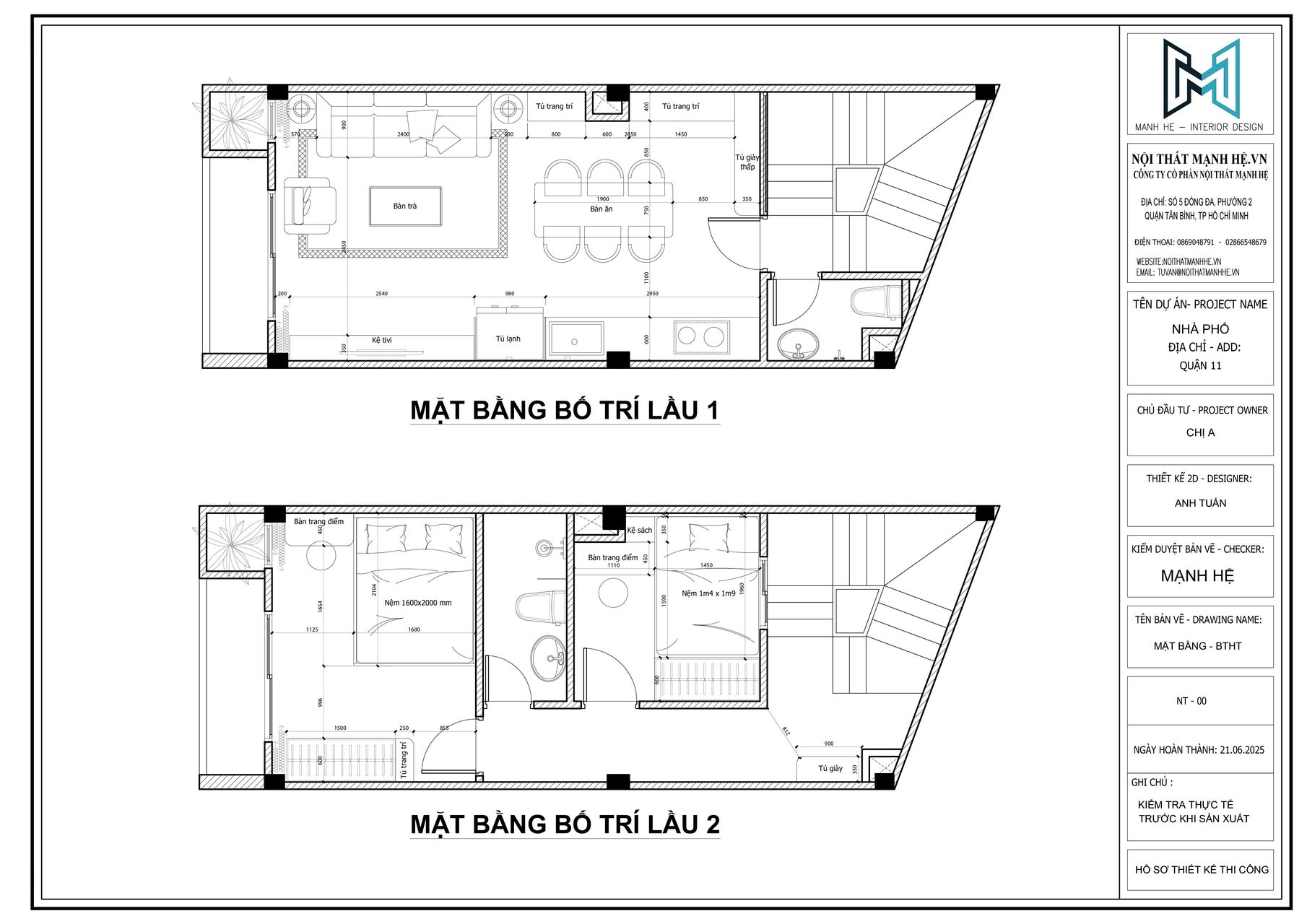 Mặt bằng bố trí nội thất lầu 1 với phòng khách liên thông bếp – bàn ăn, cùng hệ tủ kệ trang trí gọn gàng, lầu 2 gồm các phòng ngủ được bố trí khoa học
