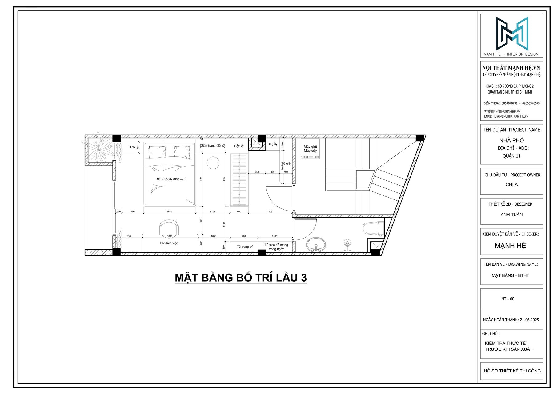 Mặt bằng nội thất lầu 3 gồm phòng ngủ master, nhà vệ sinh và khu vực giặt sấy gọn gàng
