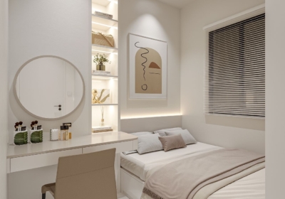 Thiết kế bàn trang điểm nhỏ gọn kết hợp kệ trang trí âm tường có đèn led.