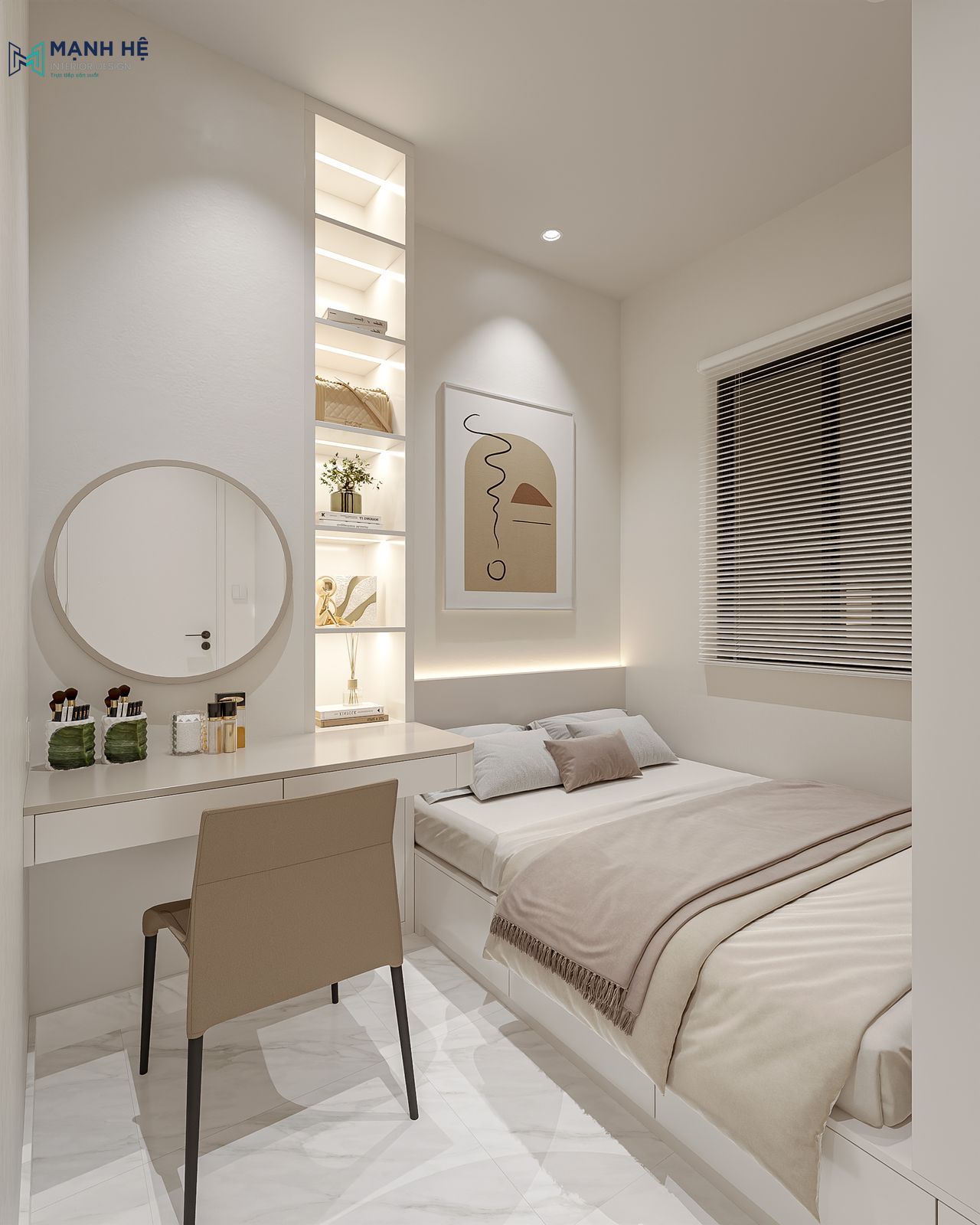 Thiết kế bàn trang điểm nhỏ gọn kết hợp kệ trang trí âm tường có đèn led.