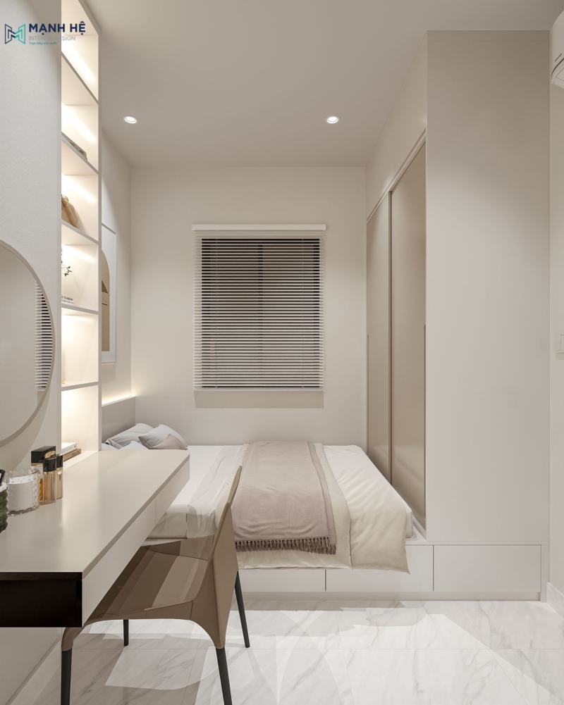 Giường bục kết hợp tủ quần áo cánh trượt và rèm kéo hiện đại, cùng bàn trang điểm tích hợp kệ trang trí