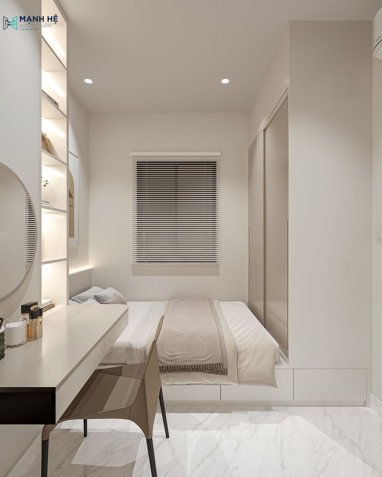 Giường bục kết hợp tủ quần áo cánh trượt và rèm kéo hiện đại, cùng bàn trang điểm tích hợp kệ trang trí