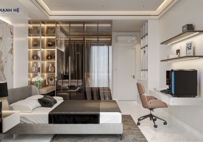 Bàn làm việc liền kệ treo kết hợp tủ quần áo cánh kính trong phòng ngủ maste