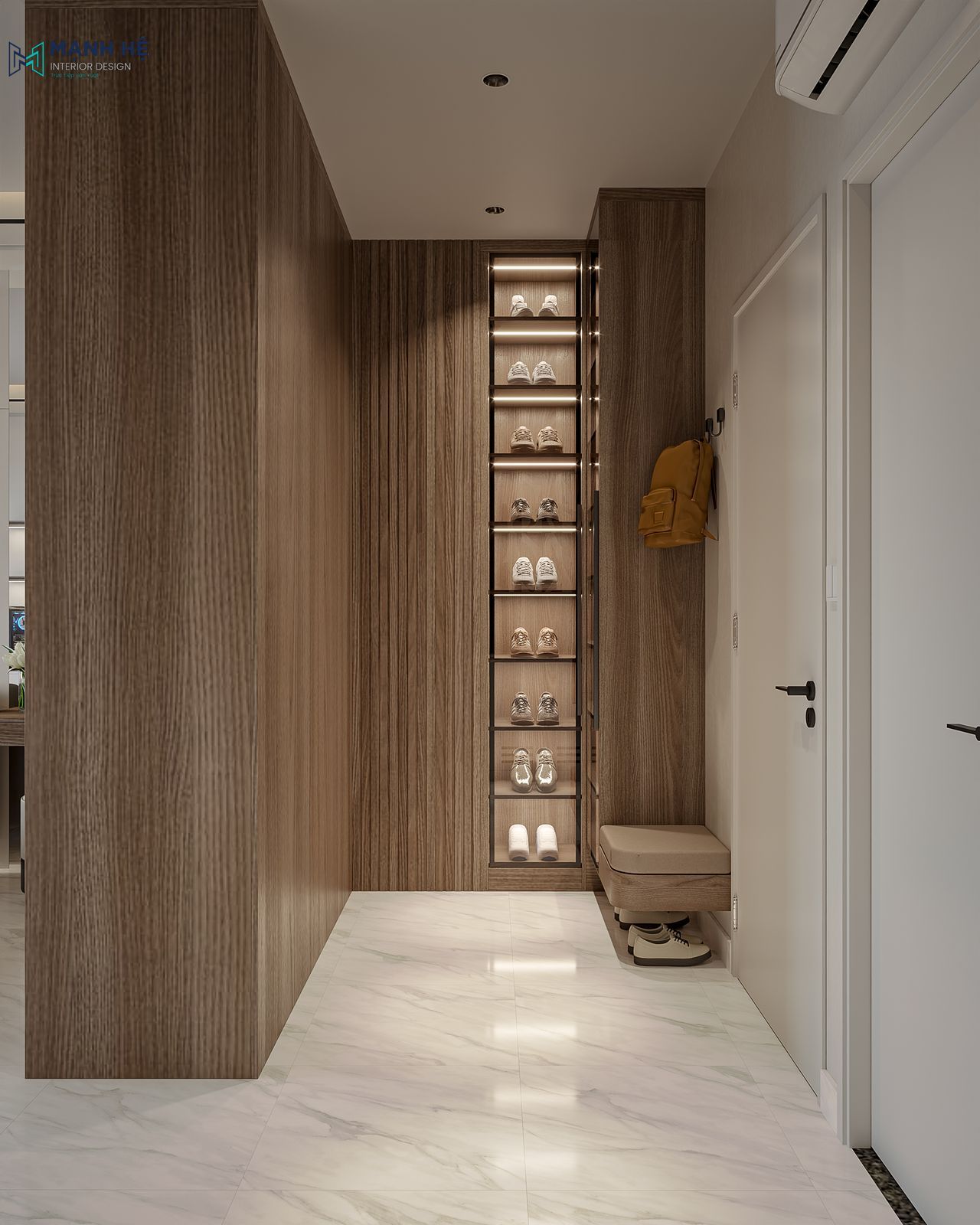 Không gian thay đồ tích hợp kệ gỗ công nghiệp đựng giày kêt hợp đèn LED và bục ngồi tiện nghi 