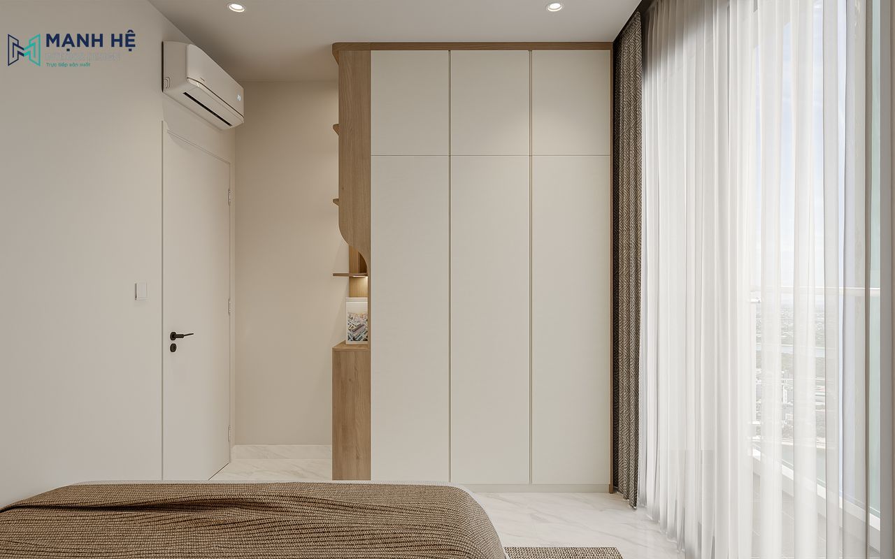 Tủ quần áo gỗ công nghiệp cao sát trần, phối mài trắng - gỗ, kết hợp kệ trang trí tiện nghi.