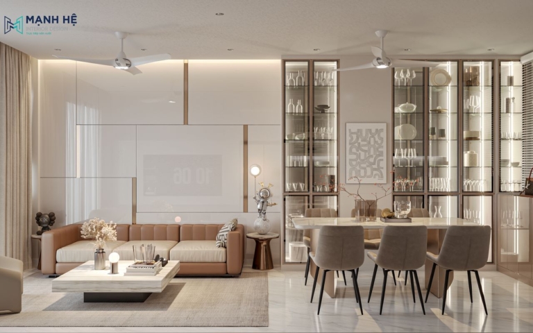 Sofa da kết hợp bàn trà đá, phối hợp bàn ăn 6 ghế cùng tủ bếp liền kệ tivi.