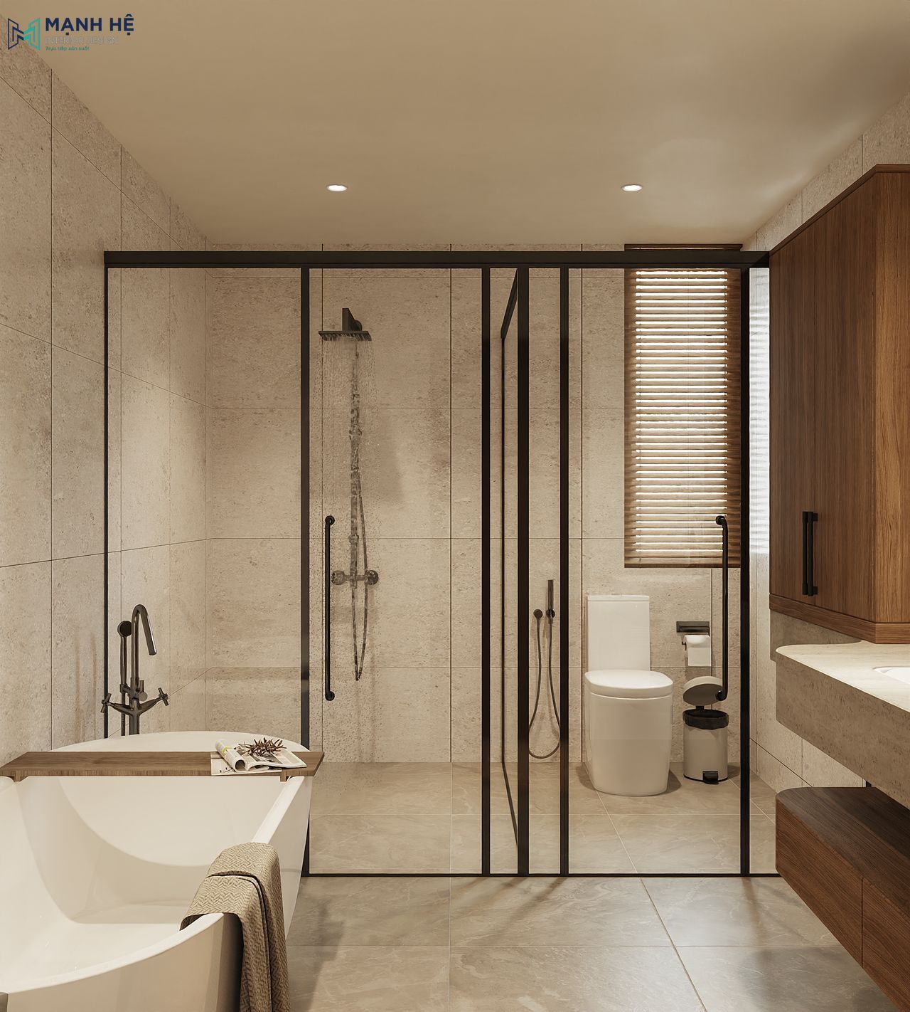 Phòng tắm master với bồn tắm độc lập, khu vực tắm kính và toilet với nội thất gỗ – đá hài hòa.