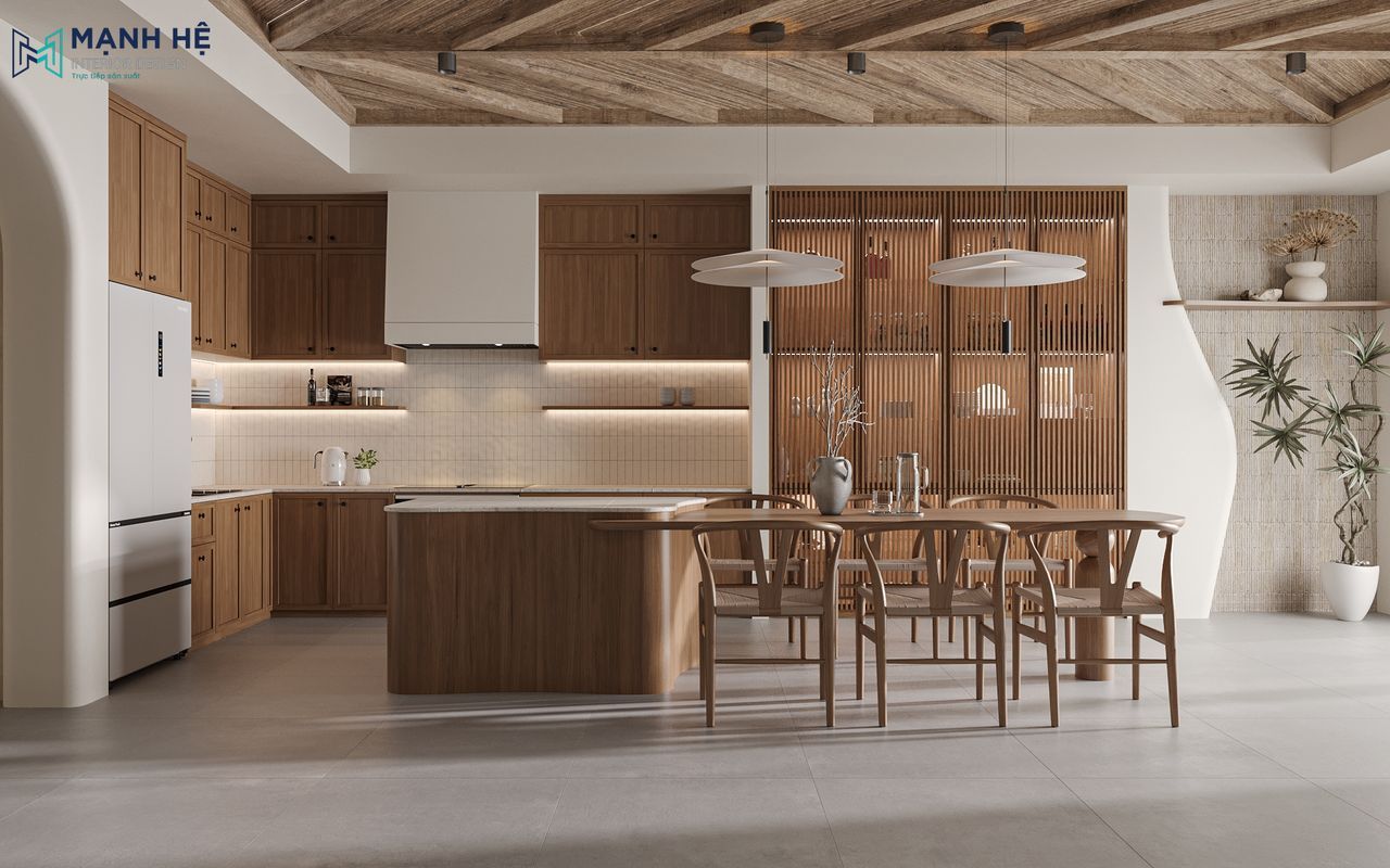 Phòng bếp Japandi với tủ bếp gỗ veneer sồi kịch trần, đảo bếp kết hợp bàn ăn và ánh sáng tự nhiên.