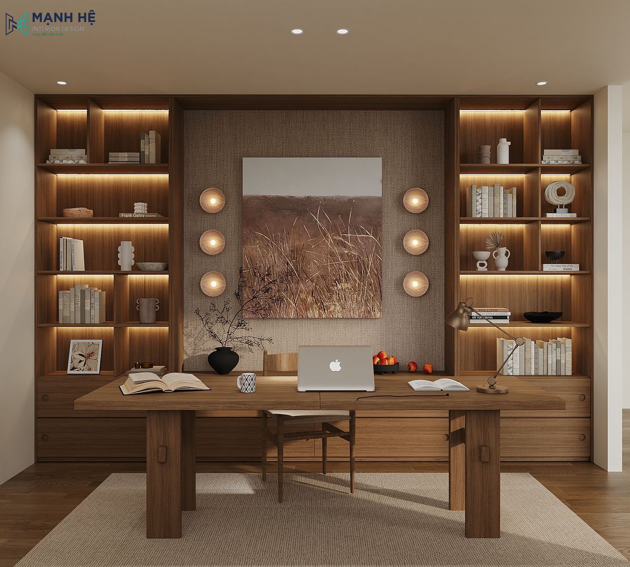 Phòng làm việc Japandi với bàn gỗ tối giản, kệ sách ốp đèn LED và tranh treo tường nghệ thuật