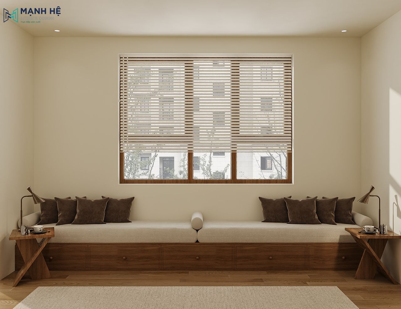 Ghế dài gỗ tích hợp ngăn kéo, đặt cạnh cửa sổ lớn với rèm sáo gỗ trong phòng làm việc Japandi