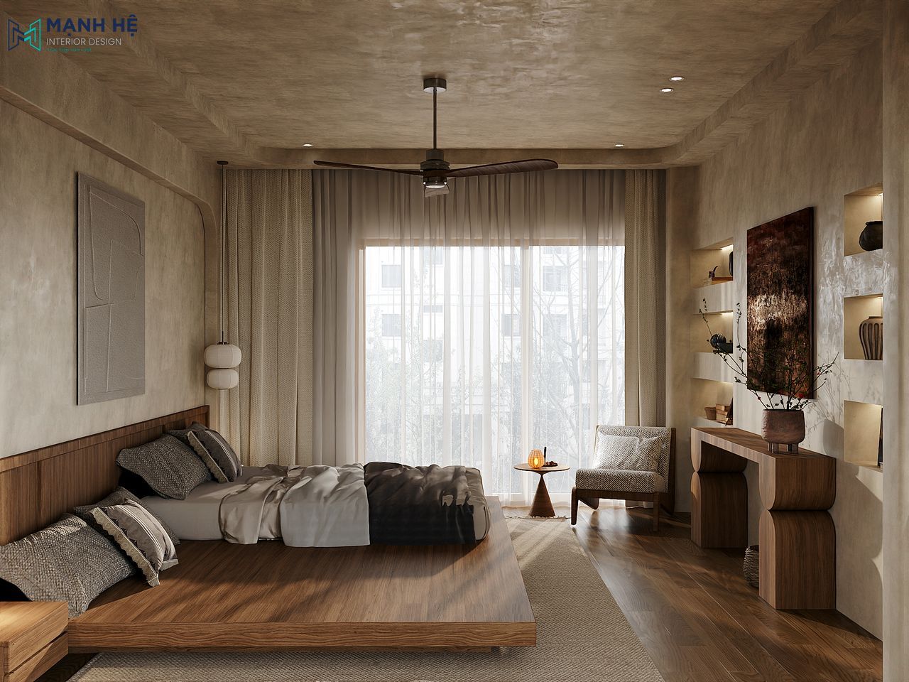 Phòng ngủ master với giường gỗ, rèm 2 lớp và ánh sáng chan hòa từ cửa kính lớn.