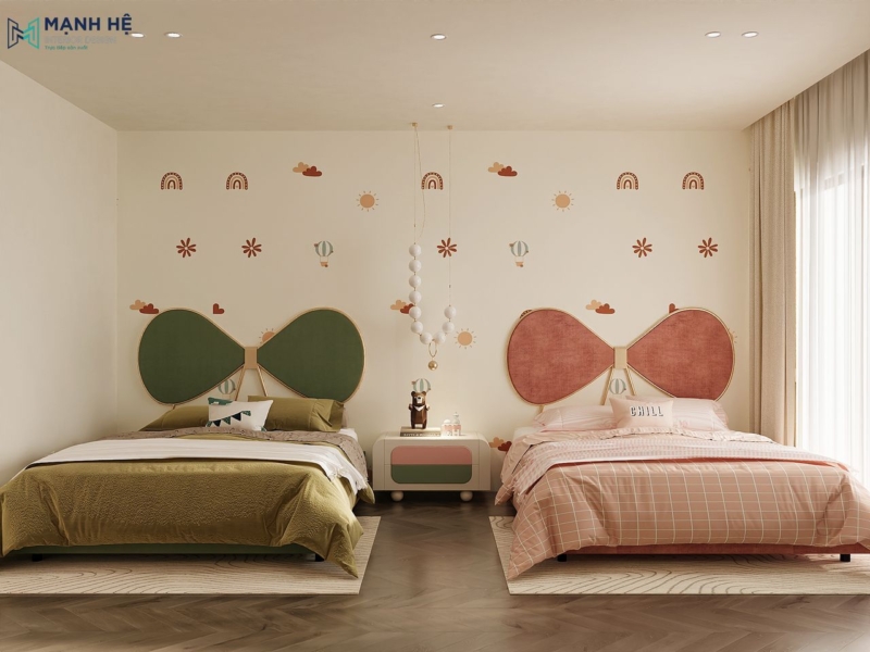 Thiết kế phòng ngủ cho 2 bé gái độc đáo với đầu giường hình nơ phối màu xanh - hồng đầy dễ thương, xinh xắn