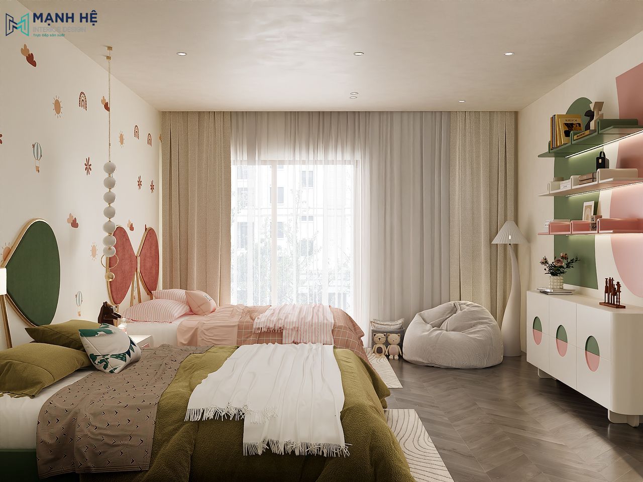 Phòng ngủ bé với gam màu pastel với kệ trang trí, ghế lười thư giãn và rèm 2 lớp để tối ưu ánh sáng