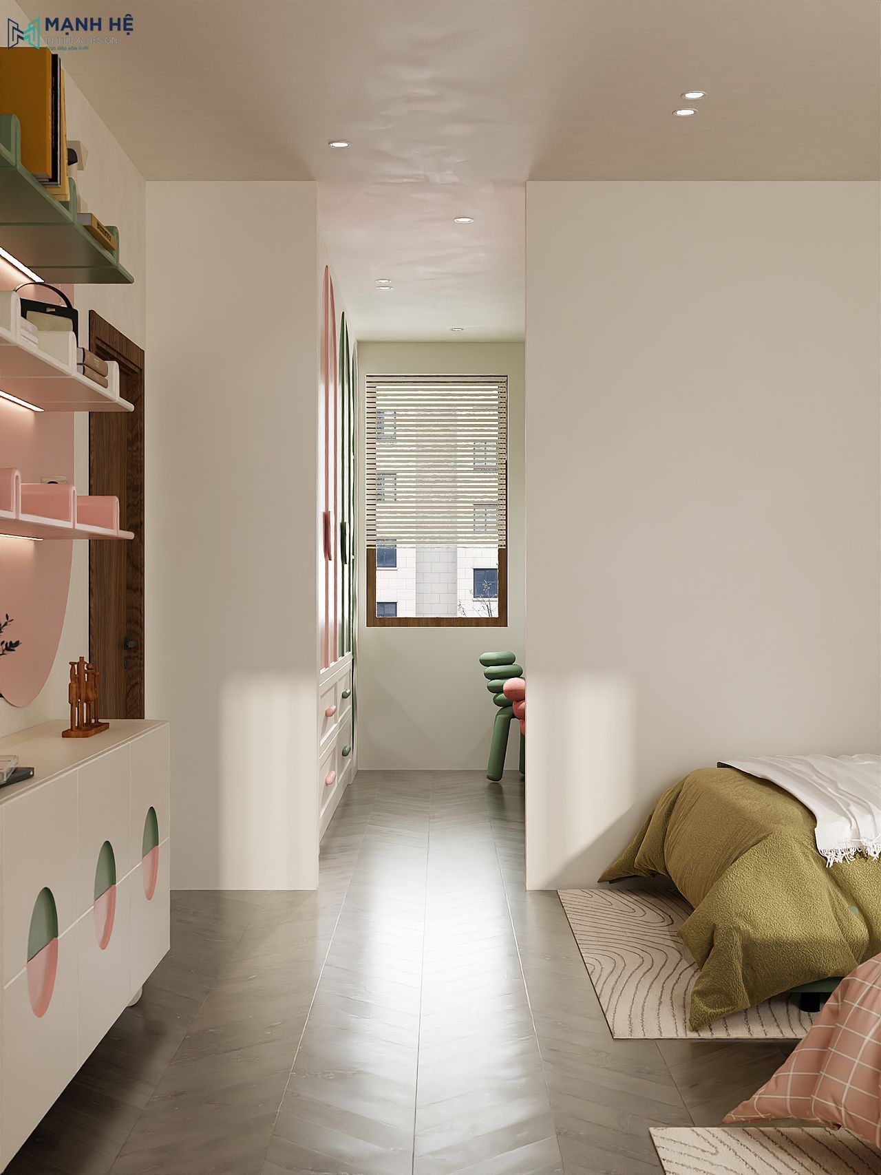 Không gian học tập đặt cạnh cửa sổ và tủ quần áo kịch trần với gam màu pastel dễ thương