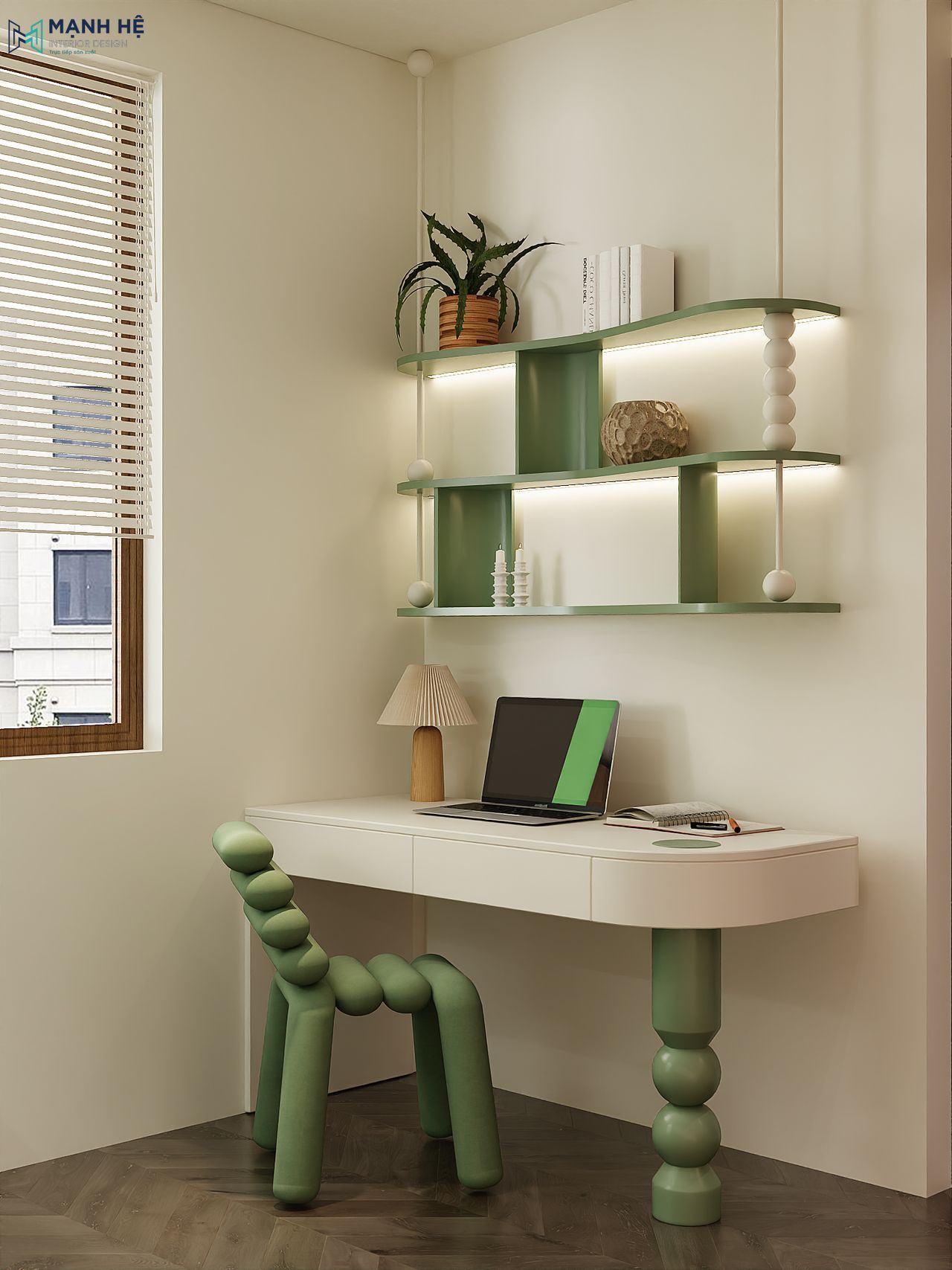 Góc học tập phòng ngủ bé với bàn trắng và ghế bọc nhung xanh pastel