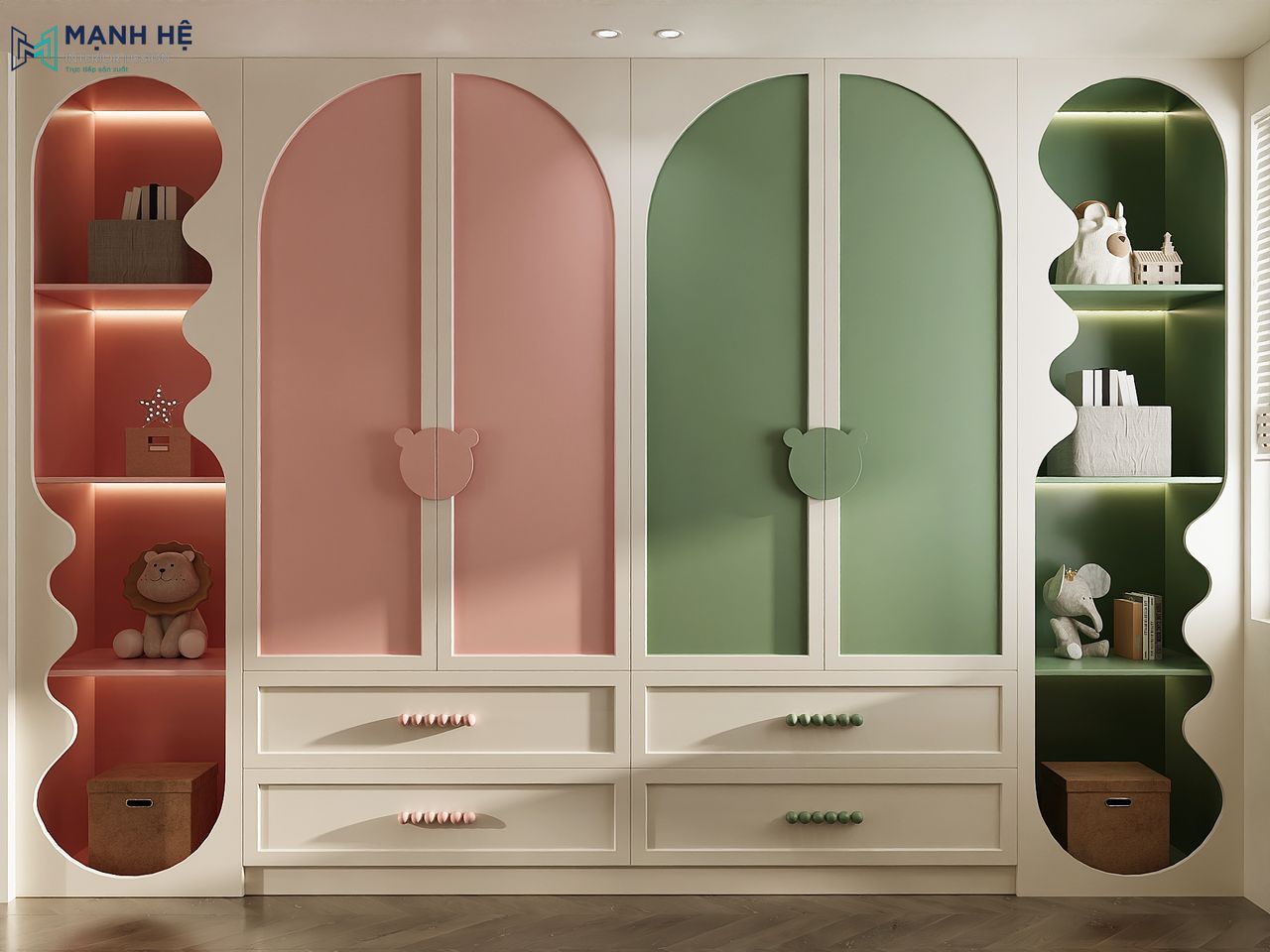 Tủ quần áo trẻ em thiết kế độc đáo với cánh tủ xanh – hồng và tay nắm hình gấu.
