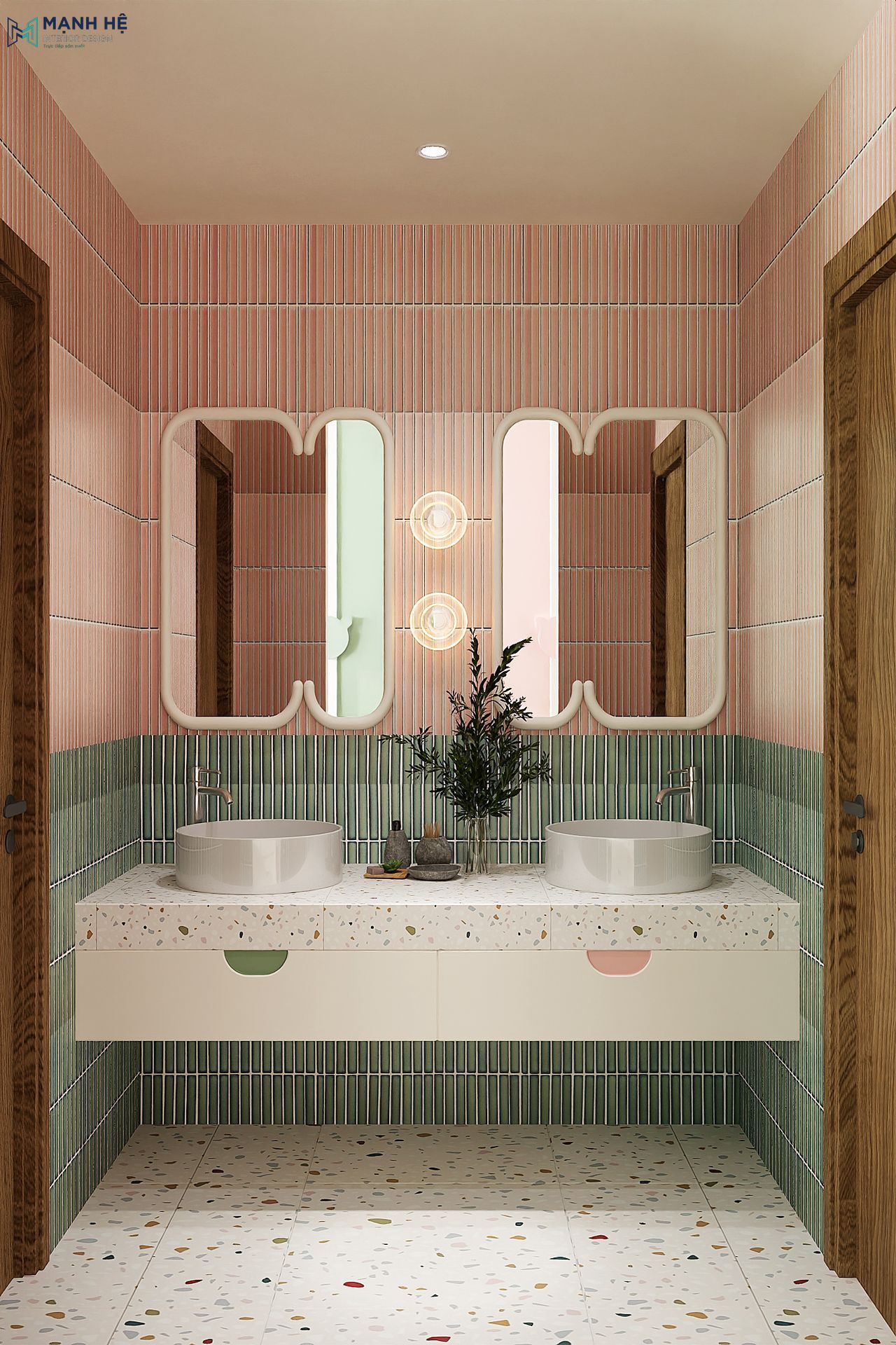 Phòng tắm trẻ em với gạch ốp tường xanh – hồng và lavabo đôi hiện đại